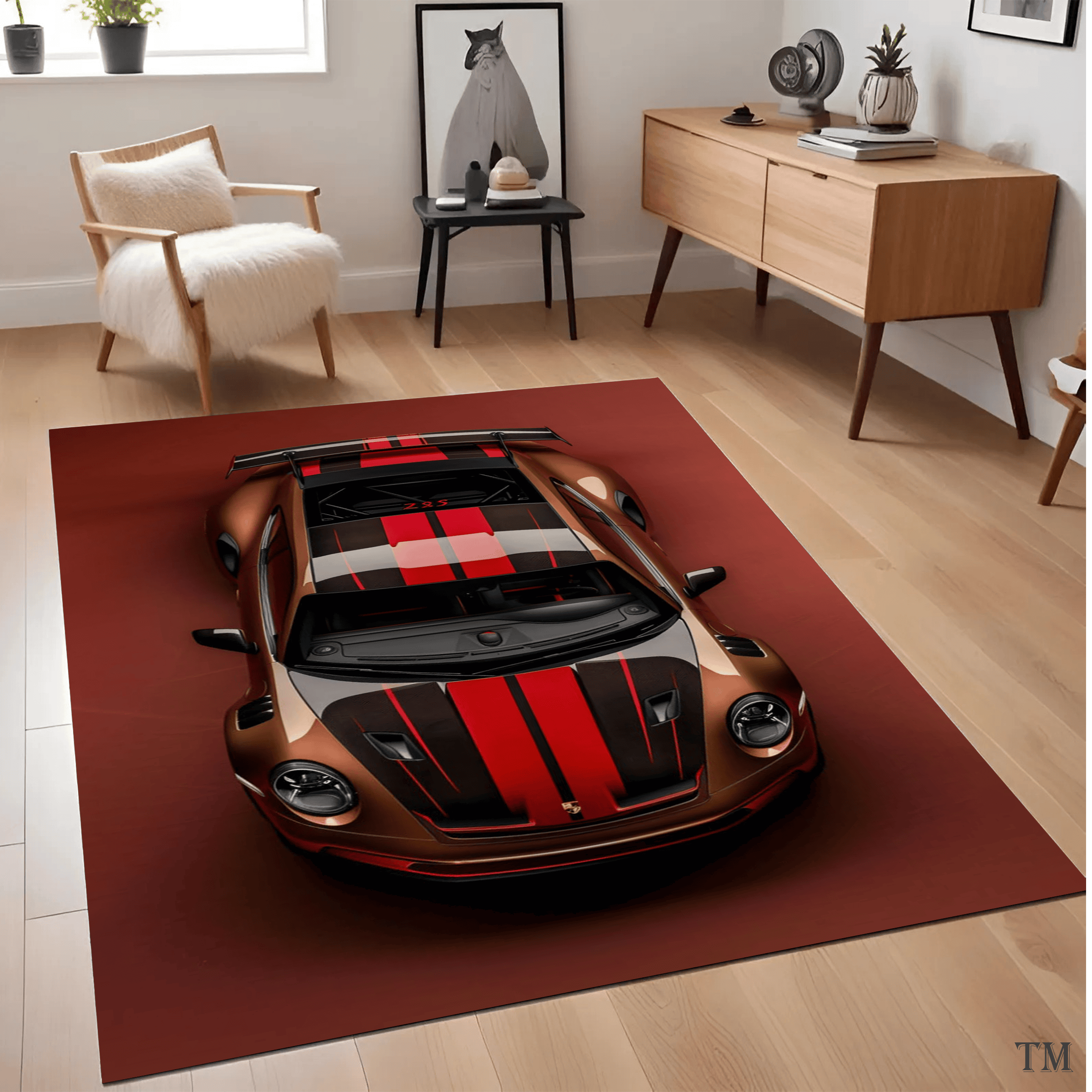 Porsche 911 GT3 RS Inspired Area Rug, Copper & Red Supercar Floor Mat, Modern Garage Decor, Exotic Car Enthusiast Gift, Non-Slip Gamer Rug Luxury Area Rug Soft Floor Carpet for Living Room Bedroom