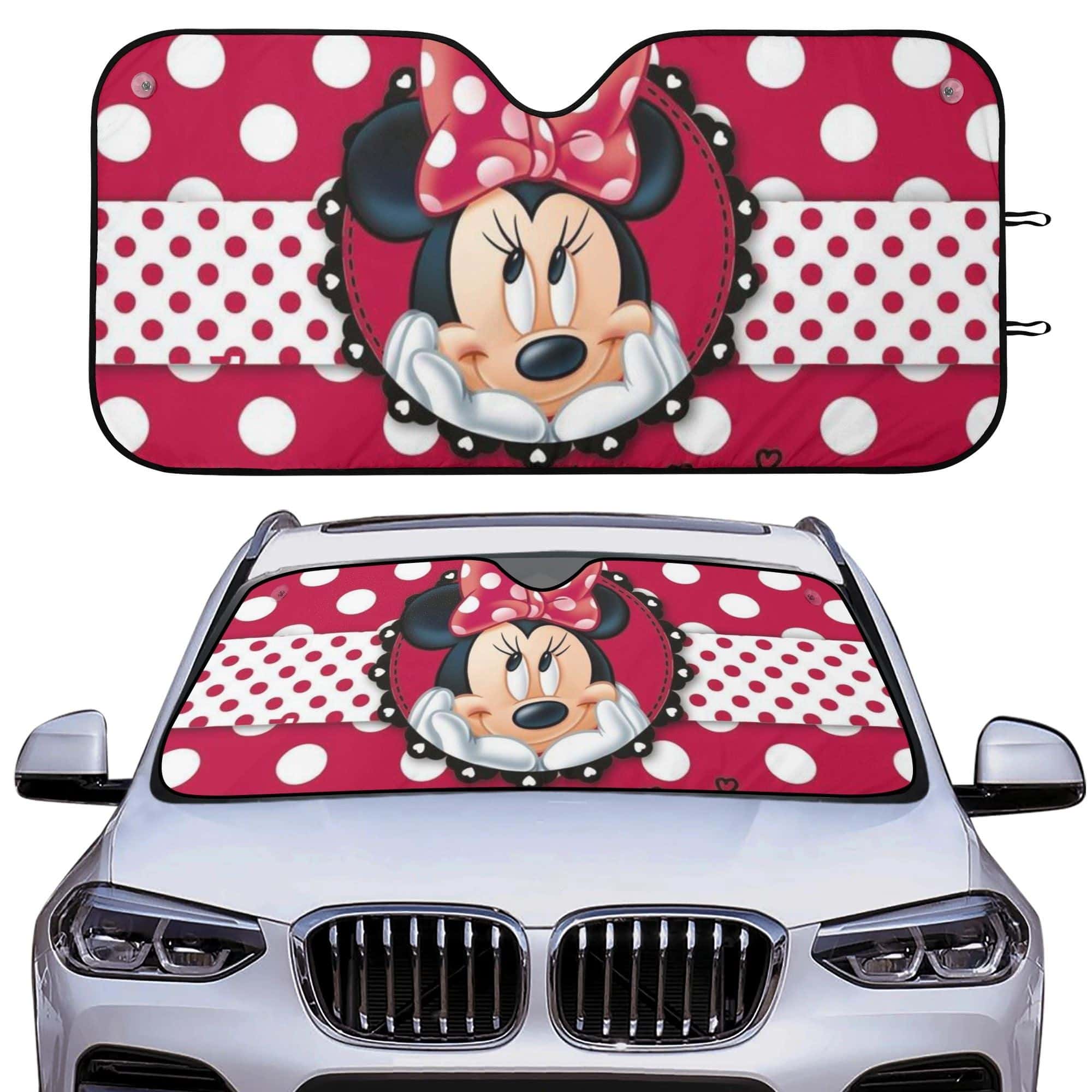 Minnie Mouse Inspired Car Windshield Sun Shade - Red Polka Dot Auto Front Window Sunshade - UV Ray Reflector for Car Interior Protection - Cu Auto Windshield Sun Shade Reflective UV Block Front Window Cover for DN Fans