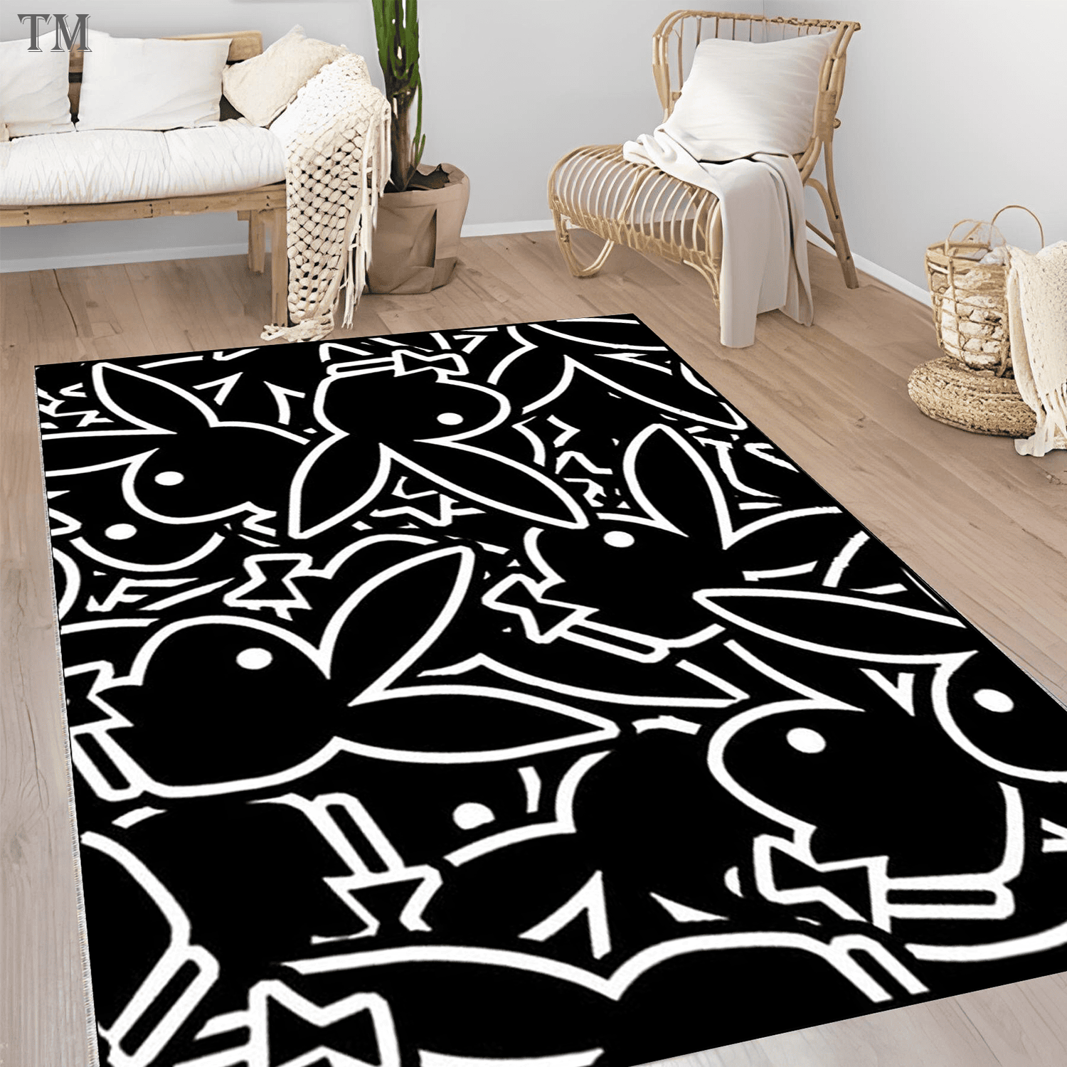 Modern Black and White Bunny Rug, Aesthetic Rabbit Pattern Area Rug for Living Room, Minimalist Bedroom Floor Mat, Hypebeast Home Decor, Non- Modern Black and White Bunny Rug, Aesthetic Rabbit Pattern Area Rug for Living Room, Minimalist Bedroom Floor Mat, Hypebeast Home Decor, Non- Premium Area Rug Non-Slip Living Room Carpet Home Decor Gift - Image 1