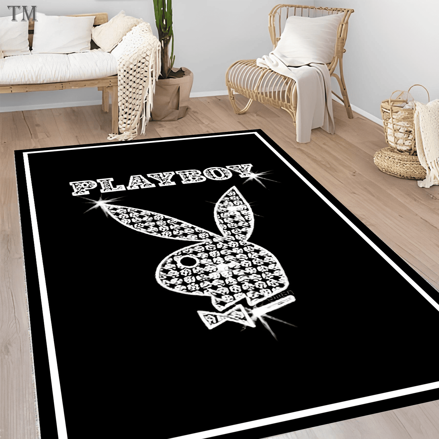 Modern Black and White Bunny Rug, Aesthetic Rabbit Pattern Area Rug for Living Room, Minimalist Bedroom Floor Mat, Hypebeast Home Decor, Non- Premium Floor Rug Stylish Home Decor
