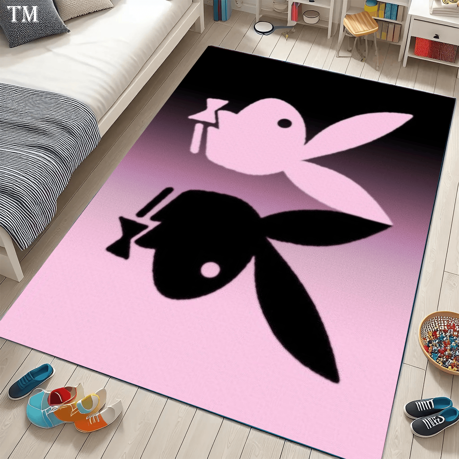 Pink and Black Gradient Bunny Rug, Aesthetic Coquette Room Decor, Soft Plush Rabbit Area Rug for Girls Bedroom, Y2K Style Floor Mat, Trendy D Pink and Black Gradient Bunny Rug, Aesthetic Coquette Room Decor, Soft Plush Rabbit Area Rug for Girls Bedroom, Y2K Style Floor Mat, Trendy D Vintage Area Rug Cozy Living Room Carpet - Image 1