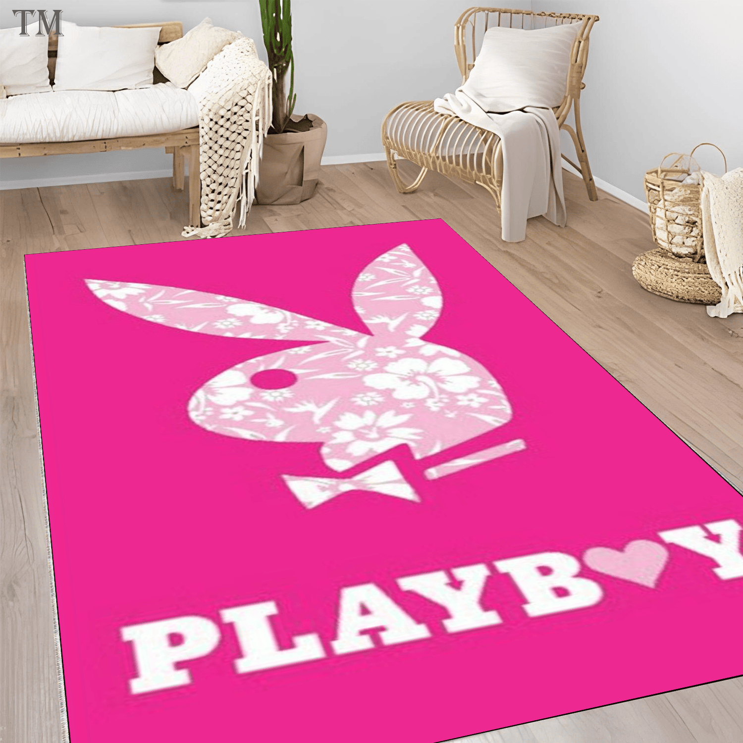 Hot Pink Floral Bunny Area Rug, Cute Hibiscus Rabbit Head Carpet for Girls Bedroom, Y2K Aesthetic Room Decor, Preppy Style Floor Mat, Soft No Premium Area Rug Non-Slip Living Room Carpet Home Decor Gift