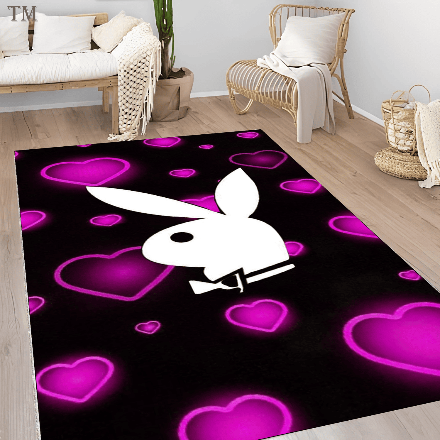 Neon Pink Heart Bunny Rug Glow Aesthetic Area Rug for Bedroom Black & Pink Heart Pattern Floor Mat PB Inspired Room Decor Y2K Gi Decorative Area Rug Modern Non-Slip Home Decor
