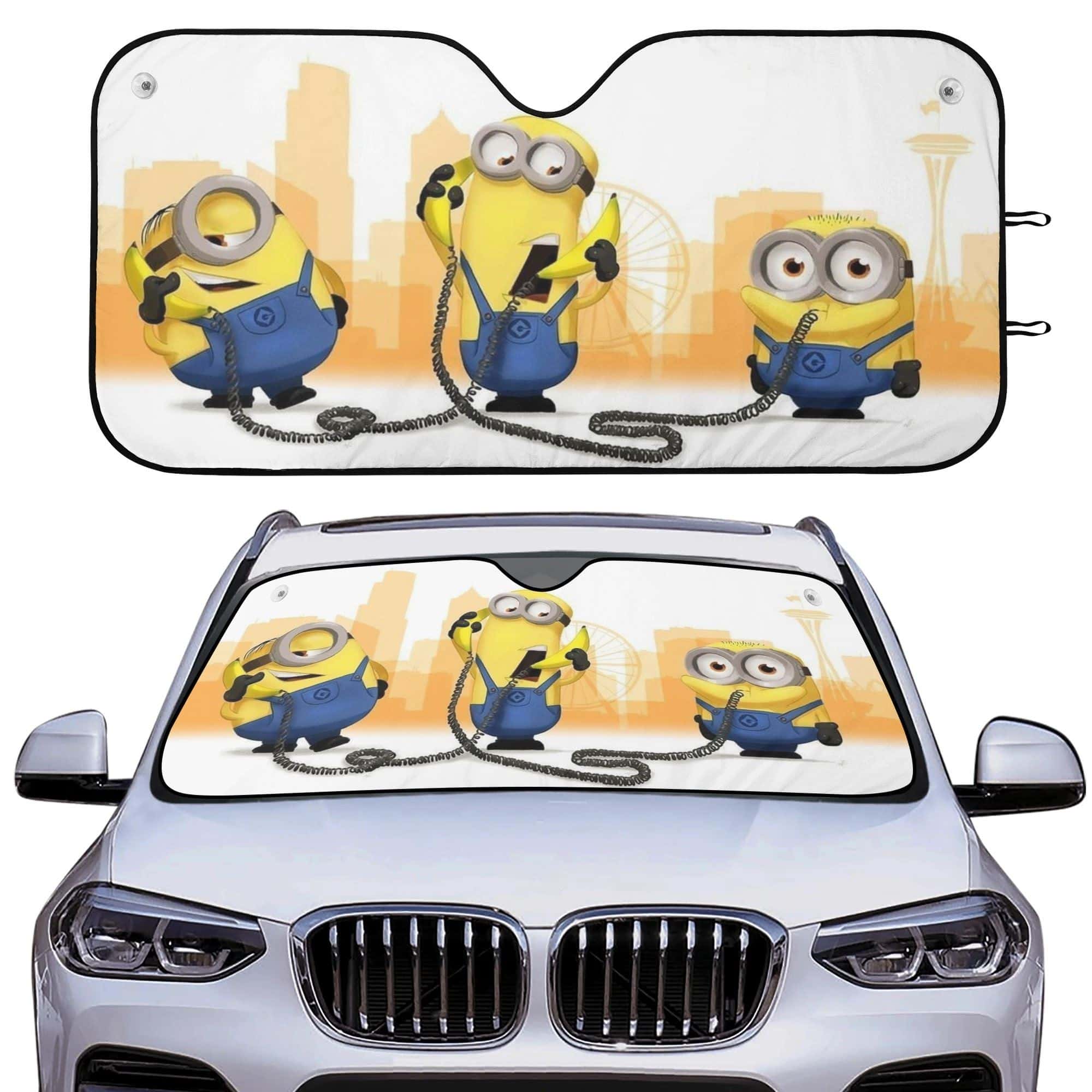 Funny Minions Banana Phone Universal Car Windshield Sunshade Heat Insulation UV Protector for Fans