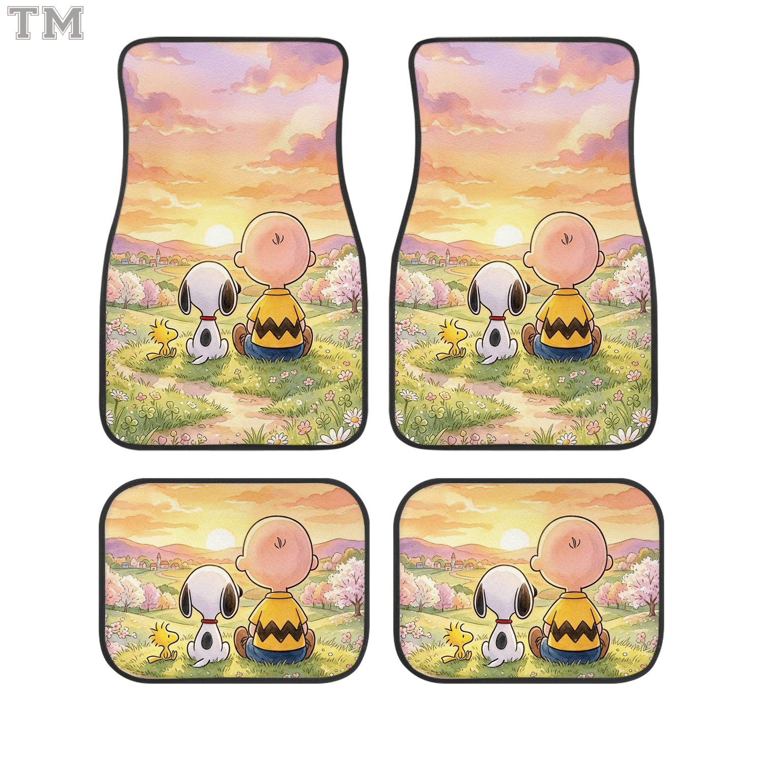 Peanuts Character Car Floor Mats Set, Classic Cartoon Auto Accessories Auto Windshield Sun Shade Reflective Front Window Visor Gift for Fans