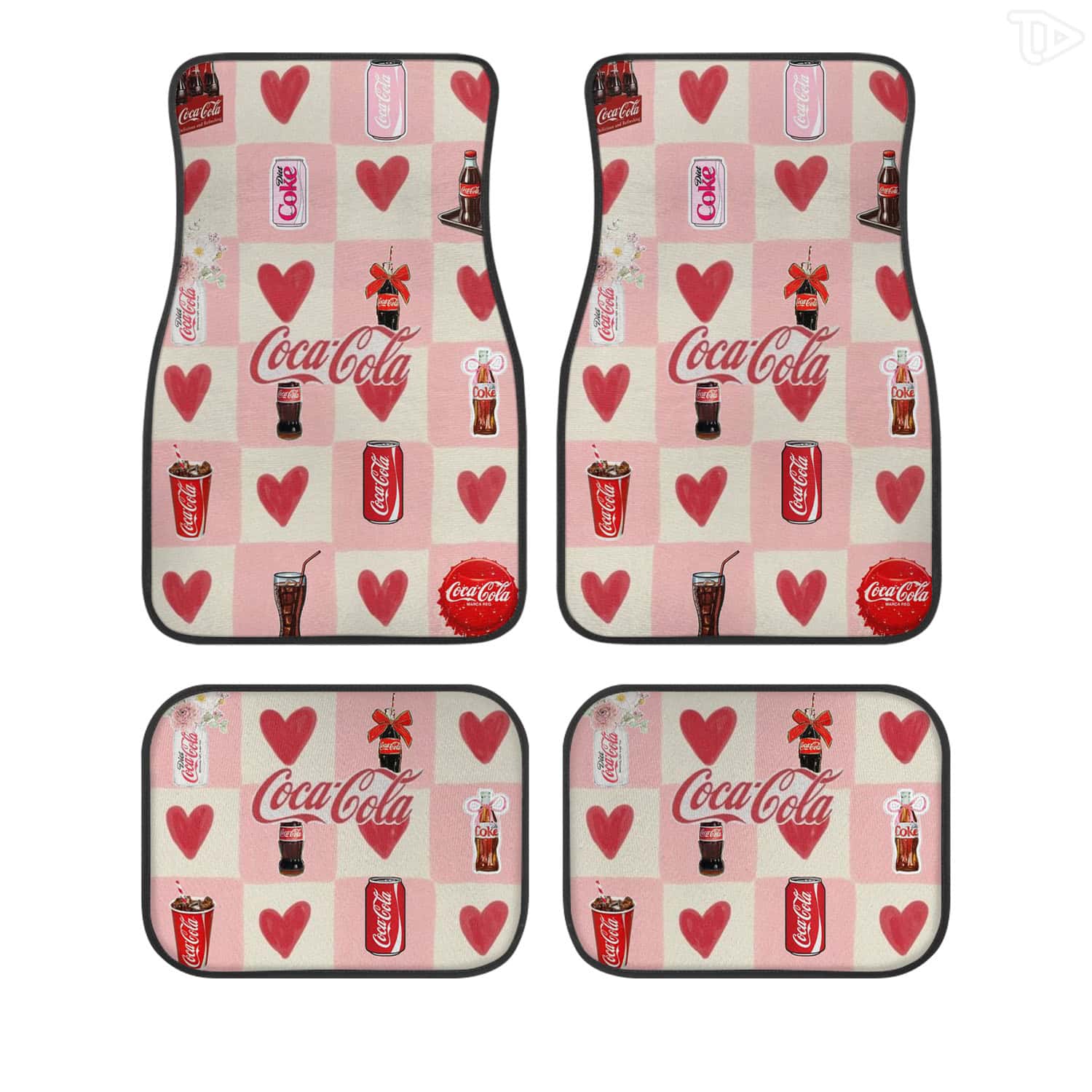 Pink Coquette Car Floor Mats, Vintage Soda Heart Checkerboard Auto Set Car Windshield Sunshade Foldable UV Protection Front Window Cover Gift for Fans