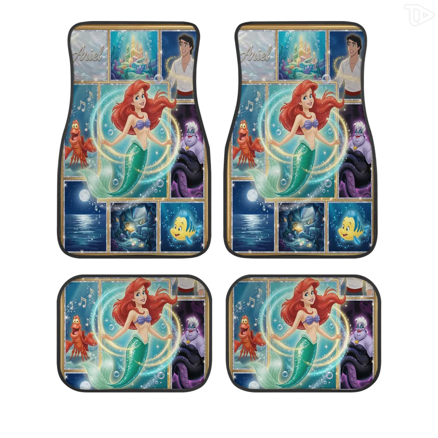 Mermaid Princess Car Floor Mats Set, Under the Sea Fantasy Ocean Decor Universal Car Sunshade UV Heat Shield Front Window Cover for Fans