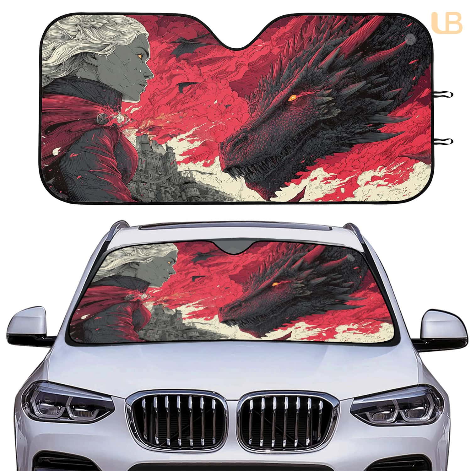 Game of Thrones Daenerys Black Dragon Windshield Protector Cover SUV Auto Sunshade Foldable Windshield Sun Shade UV Protection for Anime Fans