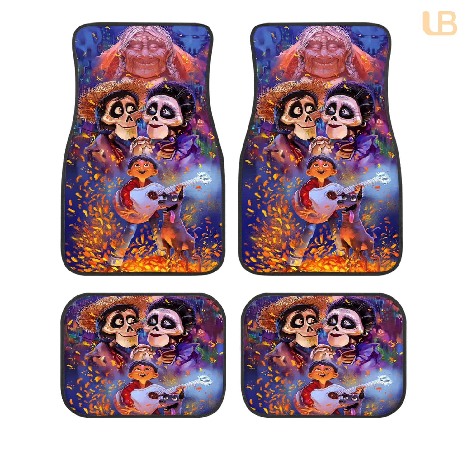 DN Pixar Coco Custom Car Floor Mats 4PCS Universal Fit Front & Rear All-Weather Auto Carpet Set Gift for DN Fans