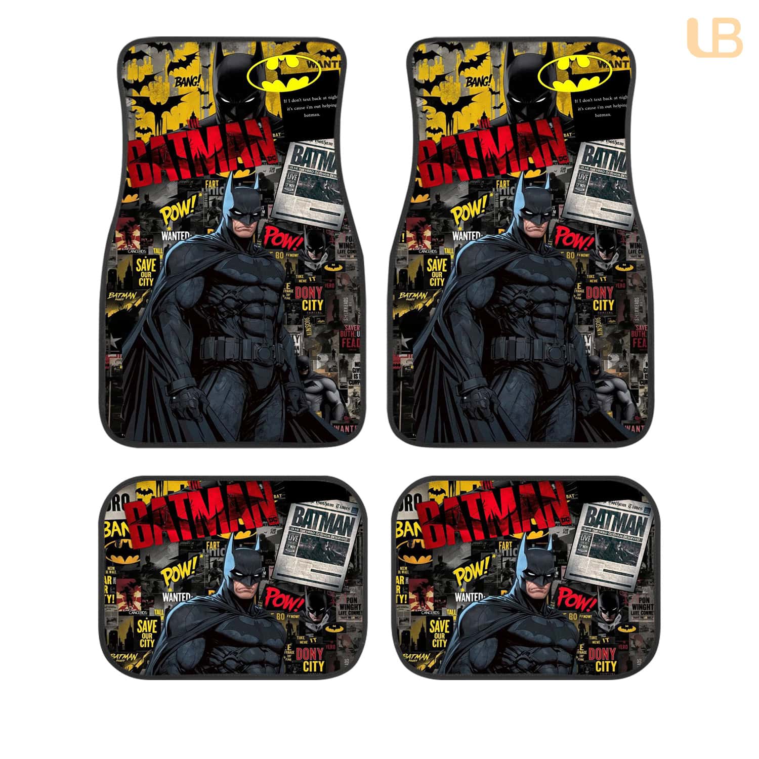 Batman DC Comics Gotham Custom Car Floor Mats 4PCS Universal Fit Front & Rear All-Weather Auto Carpet Set Gift for DC Comics Fans