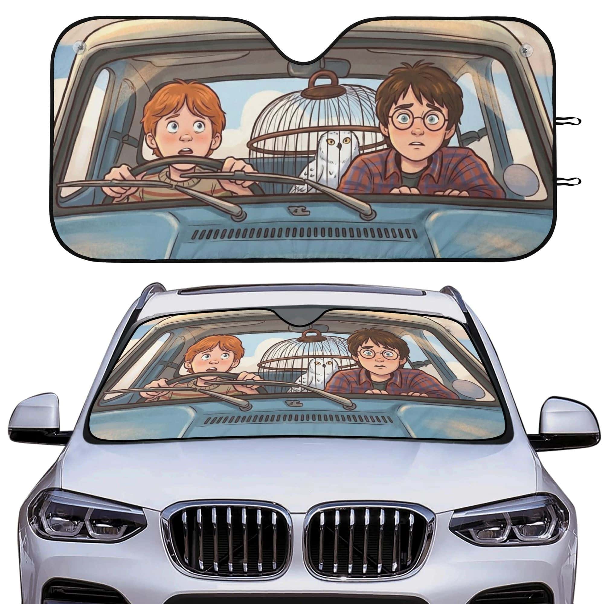 Premium Funny Wizard Boys Flying Auto Windshield Sunshade Universal Front Window Heat Shield for Fans