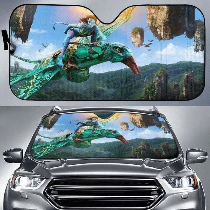 Blue-Skinned Rider on Flying Dragon Creature Car Windshield Sunshade Epic Fantasy Style Auto Windshield Sun Shade Reflective UV Block Front Window Cover for Fans